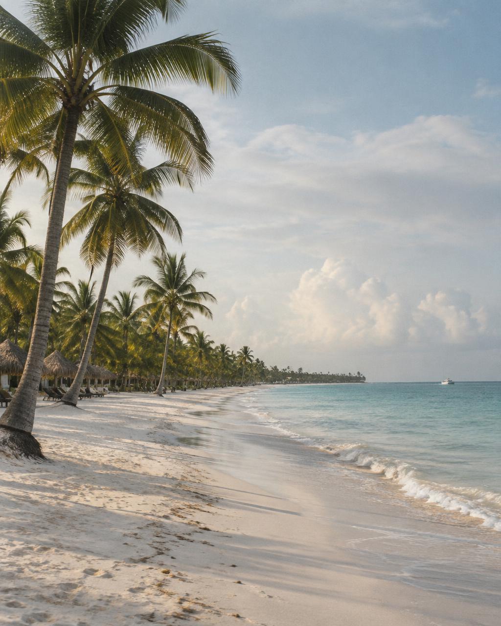 Playa de arena blanca con palmeras en Punta Cana
