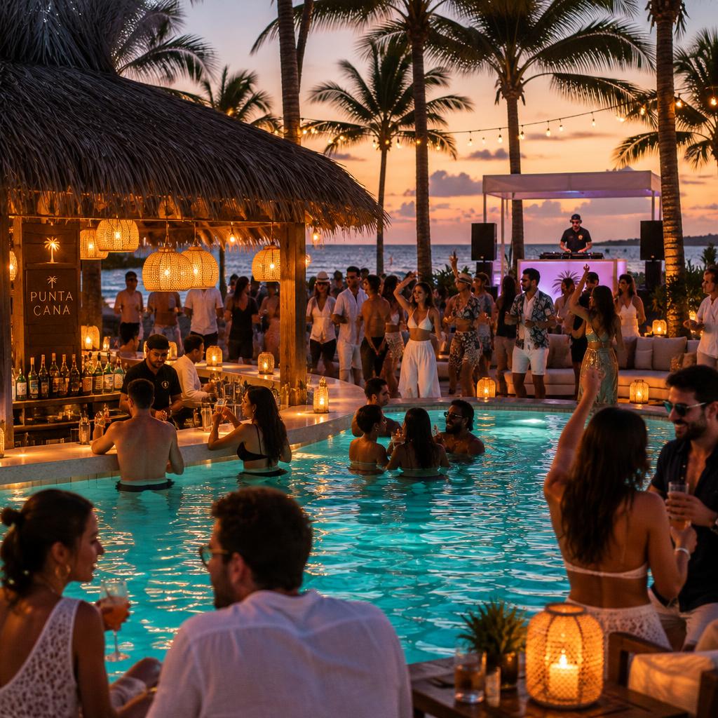 Beach club con ambiente nocturno en Punta Cana